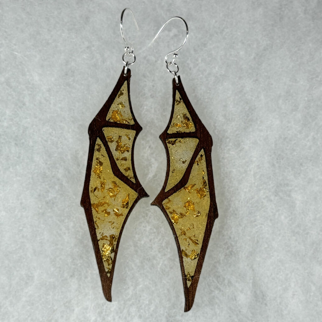 Amber , gold flake and walnut dragon wing earings