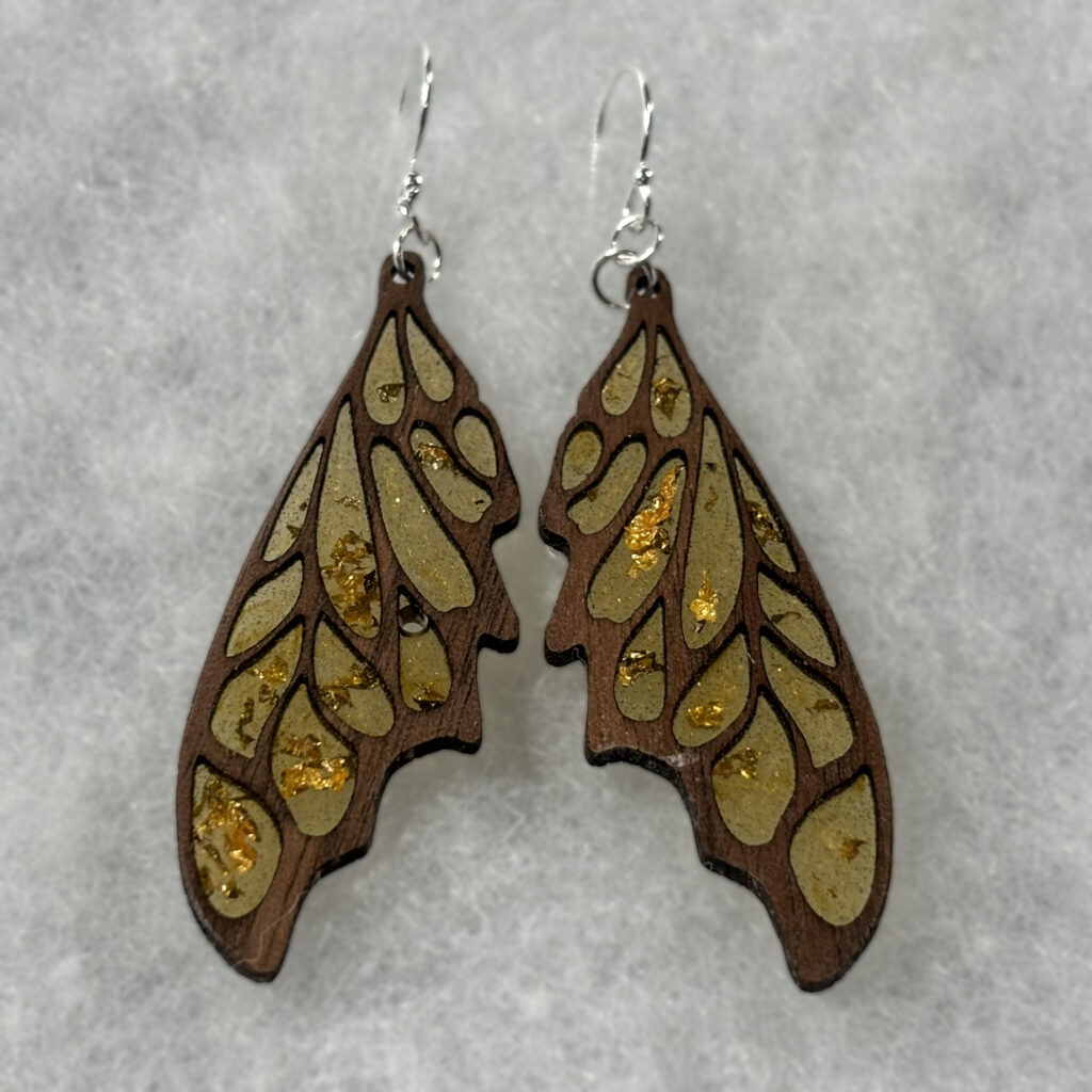 Amber ,gold flake and walnut pixiewing earings