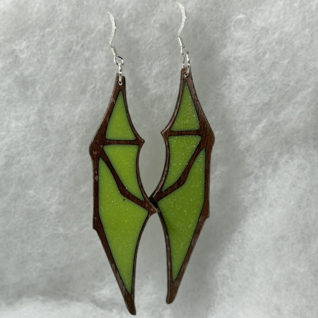 Bright green and walnut dragon wing earings