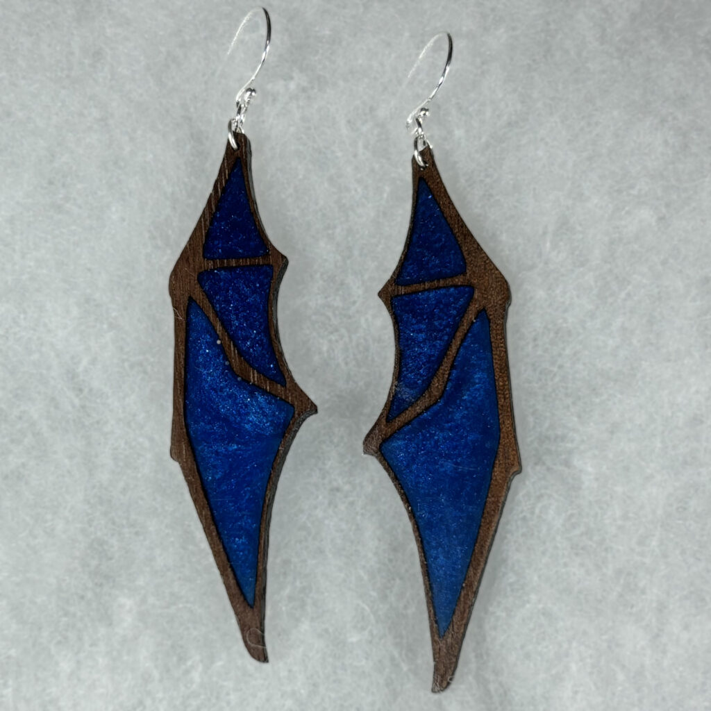 Blue and walnut dragon wing earings