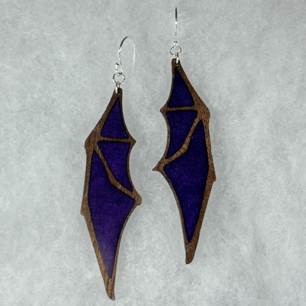 Purple and walnut dragon wing earings