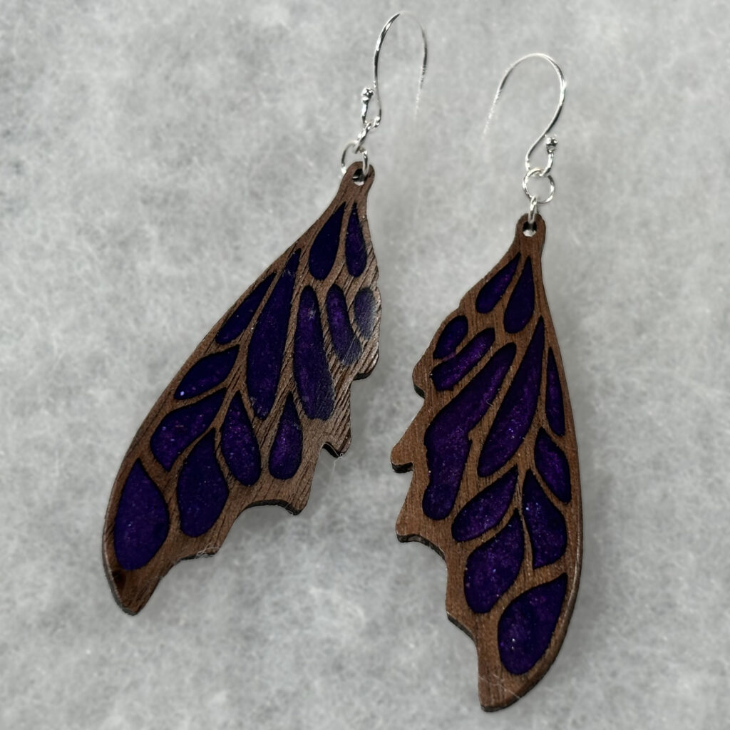 Purple  and walnut pixiewing earings