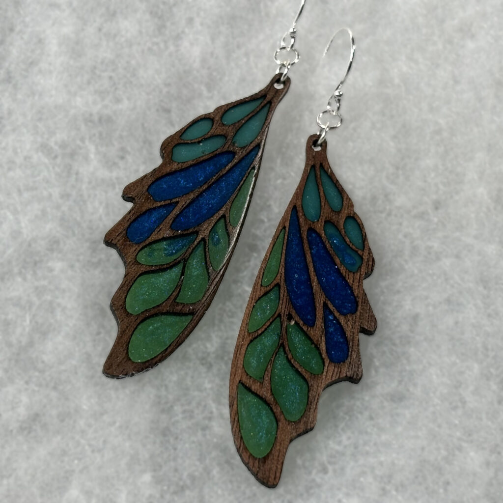 teal, blue, green,  and walnut pixiewing earings