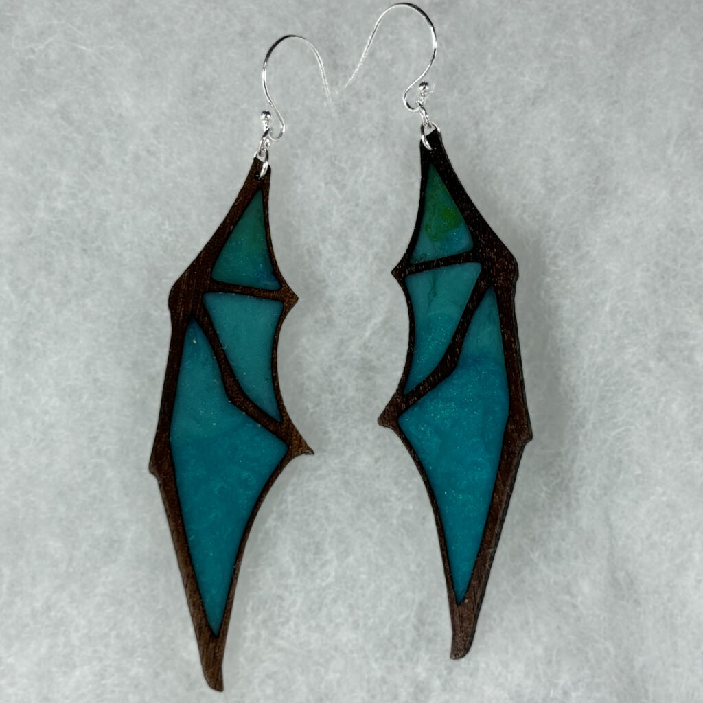 turquise blue and walnut dragon wing earings